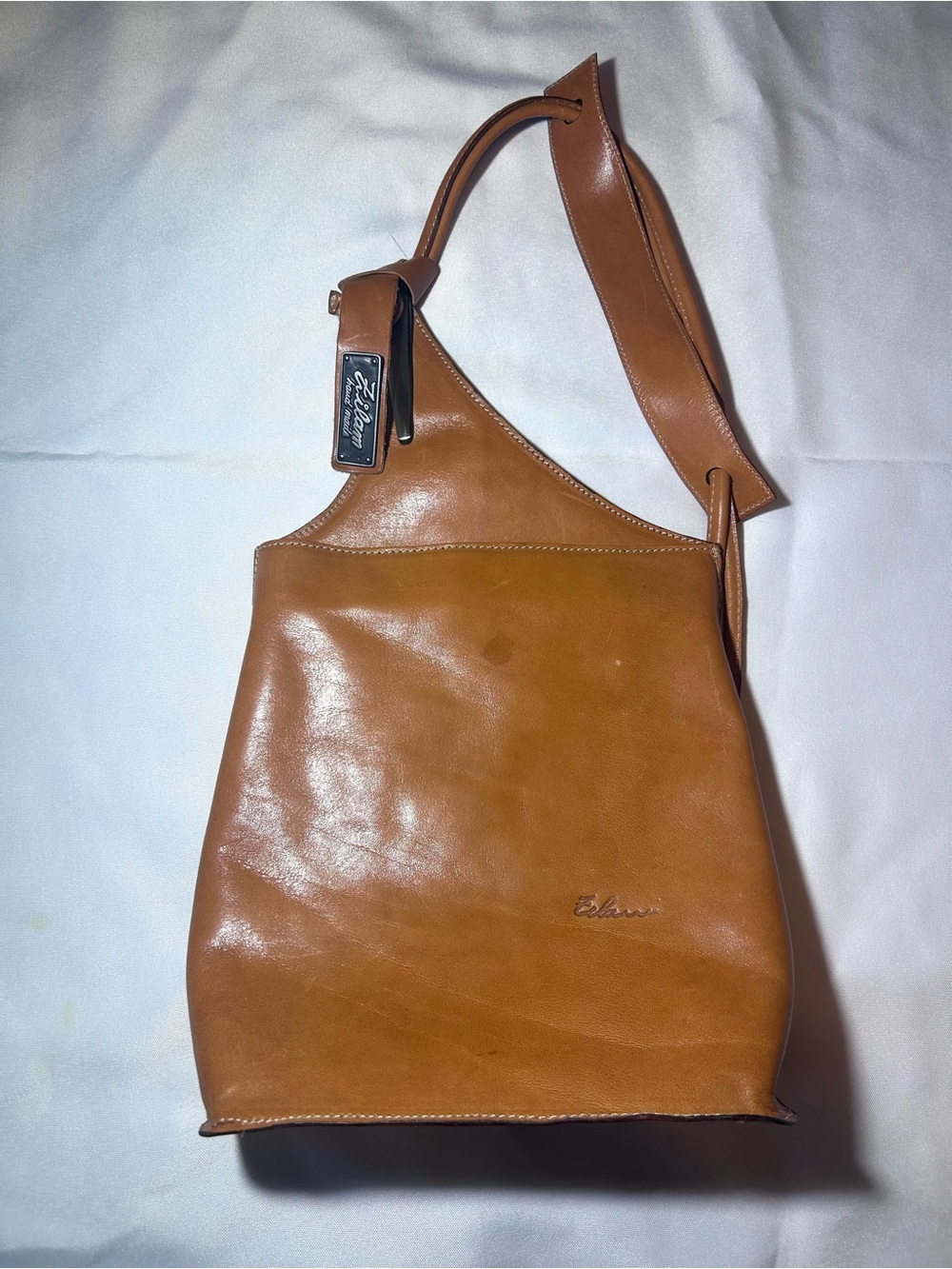 Tan Leather Assymetrical Shoulder Sling Bag with Script Logo Zilam Hand Made